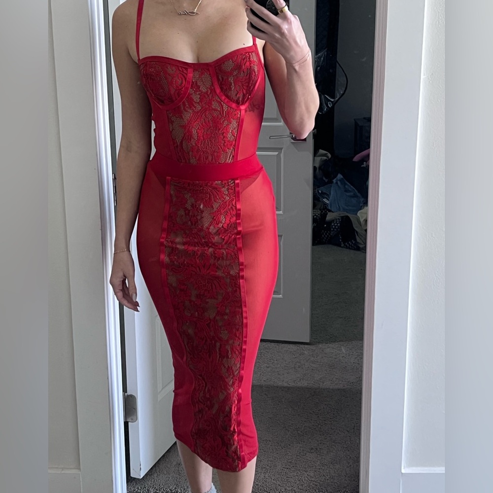 JLUXLABEL Red Lace Sheath Midi Dress